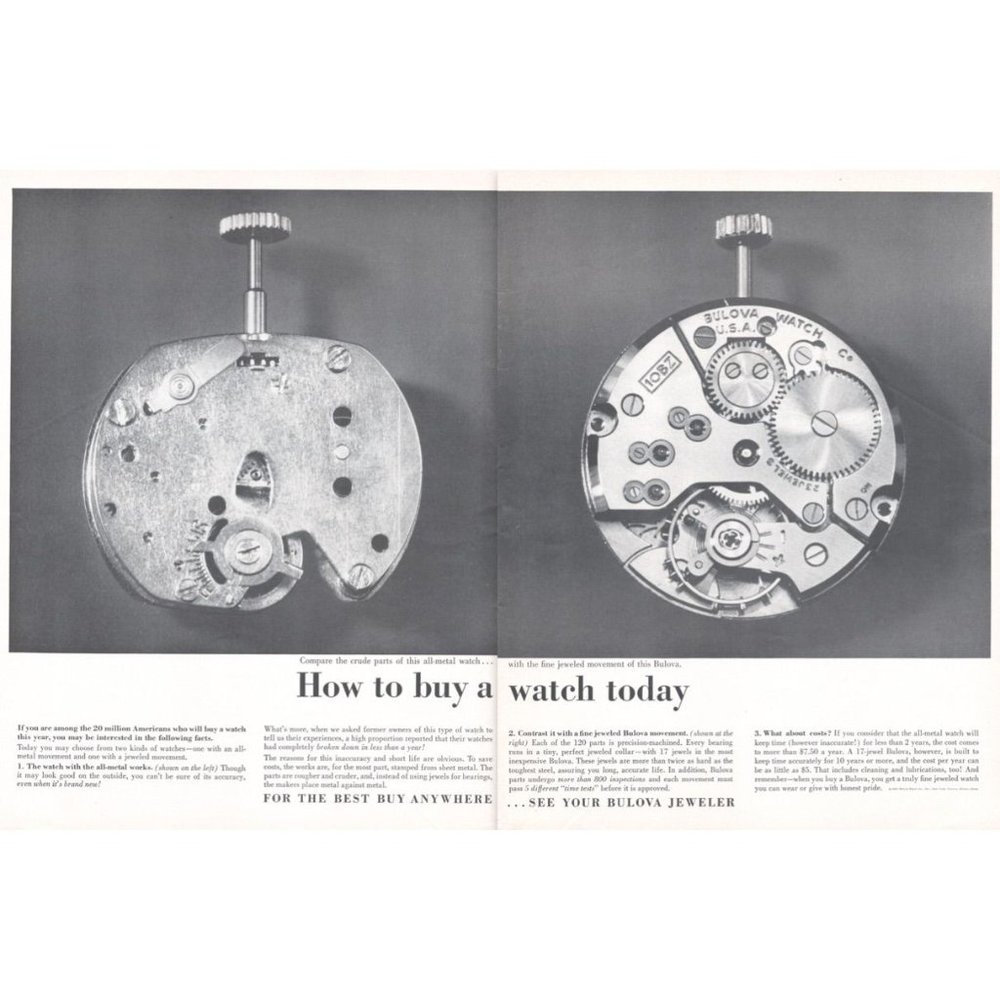1961 Bulova How to Buy a Watch 2 Page Vintage Print Ad Mechanism Timepiece Art